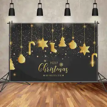 MĒNESS.QG Fons Priecīgus Ziemassvētkus un Jaunā Gada Apdare Baby Zelta Puses Banner Fona Melns Sienas Zvaigžņu Koku Kruķis Photo Booth