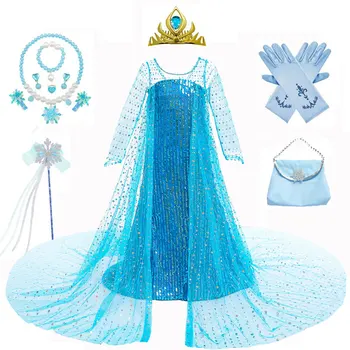 Meitenes Elsa Saldēti Kleitu, Kostīmu Princese Saģērbt Drēbes Ar Garām Cape Toddler Parūka Vainagu Zizli Halloween Cosplay