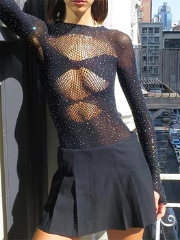 Rhinestone Izgriezt Sexy Bodysuit Top Sievietēm 2023 Modes Slim garām Piedurknēm Acs T-krekls Y2k Jumpsuit