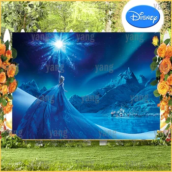 Disney Cartoon Saldēti Burvju Princese Elza Sniegpārslas Dzimšanas Dienas Svinības Zils Spīdums Fons Pasūtījuma Fotogrāfijas Fona