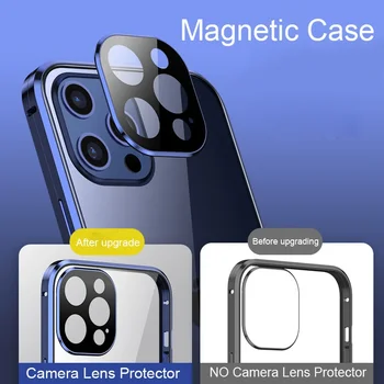 360 Magnētisko Vāciņu Coque iPhone 15 14 13 12 Pro Max 11 Pro 15 14 Plus Gadījumā Metāla Karkasa, Rūdīta Stikla Objektīva Aizsargs