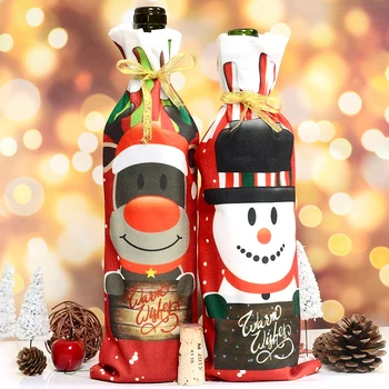 Ziemassvētku Vīna Pudele Ietilpst Soma, Santa Claus, Sniegavīrs Šampanieša Pudeles Vāciņu Piedurknēm Priecīgus Ziemassvētkus Un Jaunā Gada Galda Dekorēšana