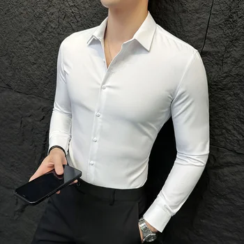 2023-Jaunu Vīriešu Modes Biznesa Džentlmenis tīrtoņa Krāsu korejas Drukas Biznesa Sociālo Stilu, Priekšā Izšūts Krekls ar garām Piedurknēm