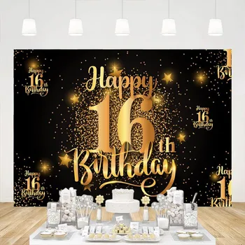 Laimīgs 16. Dzimšanas dienas svinības Fons Banner Soļa un Atkārtošanas Sešpadsmit gadus Vecā Spīdīgi Melnā Zelta Fona Dekorēšana Stends Aksesuāri
