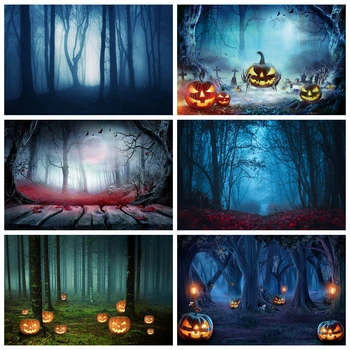 Halloween Fons Fotogrāfijas Šausmu Nakts Mēness Biedējošu Meža Koku Miglains Ķirbju Visu Svēto Diena Pusei Foto Fona Deco