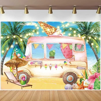 Ice Cream Truck Veikalā Fotogrāfijas Fons Vasaras Piejūras Palmu Lapu Rozā Auto Fona Dzimšanas Dienas Svinības Meitenes Baby Dušas Dekori