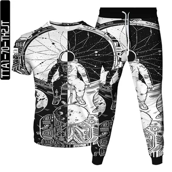 T-Krekls+Skrienot Garās Bikses 2gab Apģērbs Atbilstu Astronauts Tīru Galaxy Mēness, Planētas, Izdrukāt Mens Harajuku Tracksuit Homme Lielgabarīta