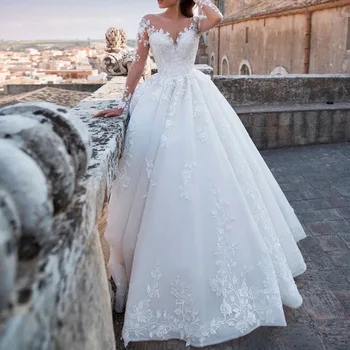 Princese ar garām Piedurknēm Kāzu Kleitas 2023 Balta Mežģīņu Aplikācijas Backless Sequin Tilla Kāzu Kleita Līgava vestido de noiva